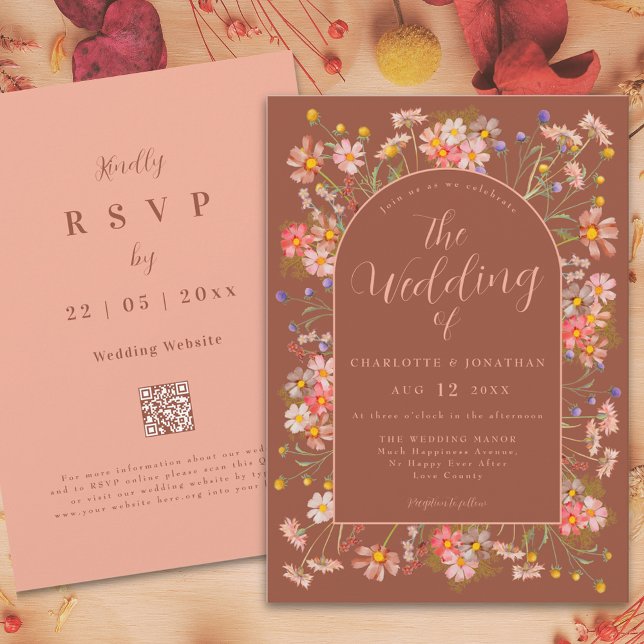 Wildflower Arch Terracotta Peach Fall Wedding Invitation (Wildflower arch terracotta burnt orange peach elegant fall wedding invitation with website qr code)