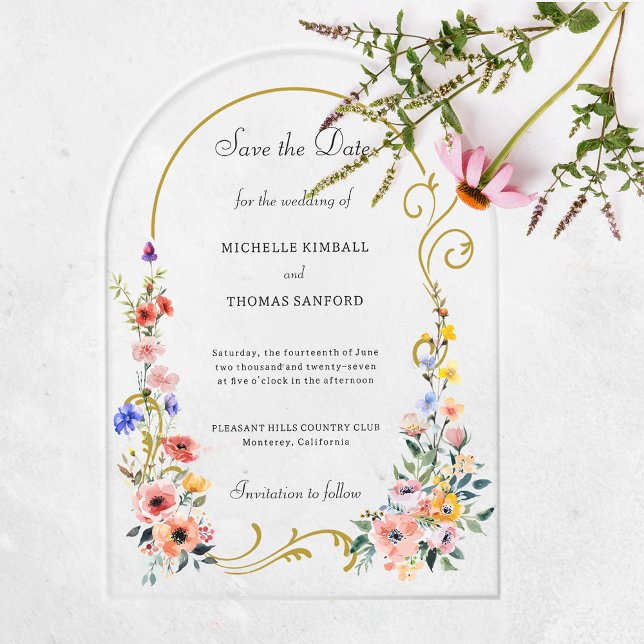 Wildflower Arch Wedding Save the Date Acrylic Invi Acrylic Invitations (Creator Uploaded)