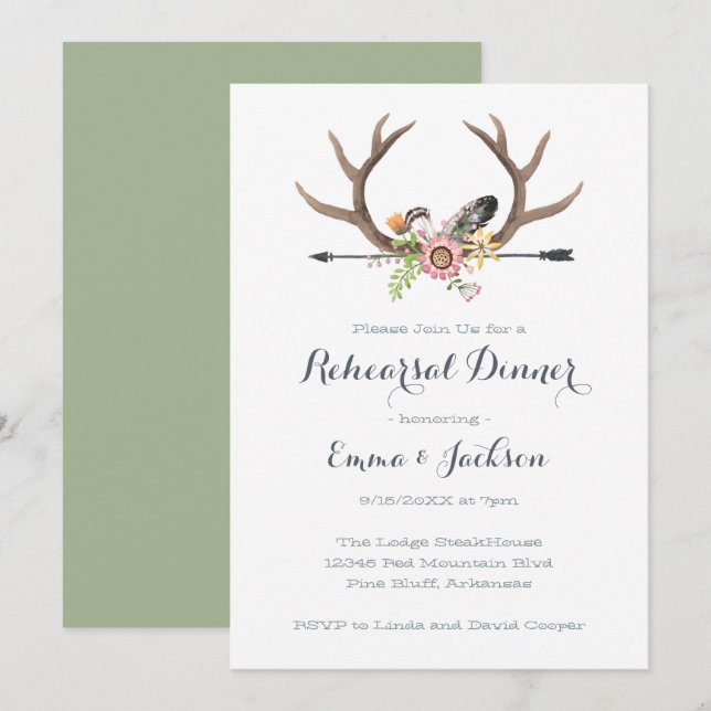 Wildflower Arrow and Antlers Rehearsal Dinner Invitation (Front/Back)