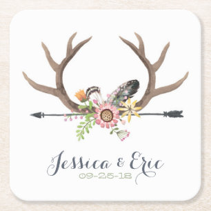 Wildflower Arrow and Antlers Square Paper Coaster