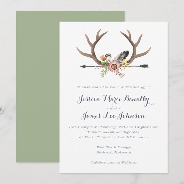 Wildflower Arrow and Antlers Wedding Invitation (Front/Back)