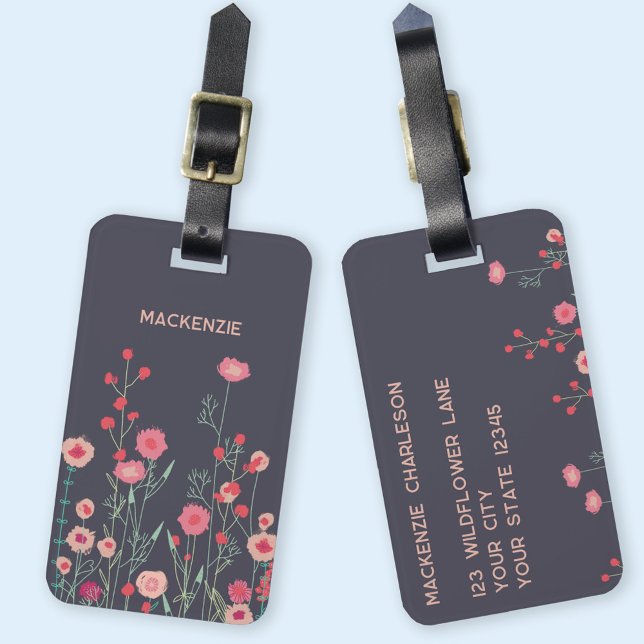 Wildflower Art Personalised Name  Luggage Tag (Modern wildflower floral botanical personalized custom name luggage tag)