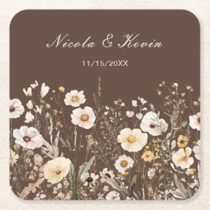 Wildflower Autumn Fall Floral Wedding Square Paper Coaster