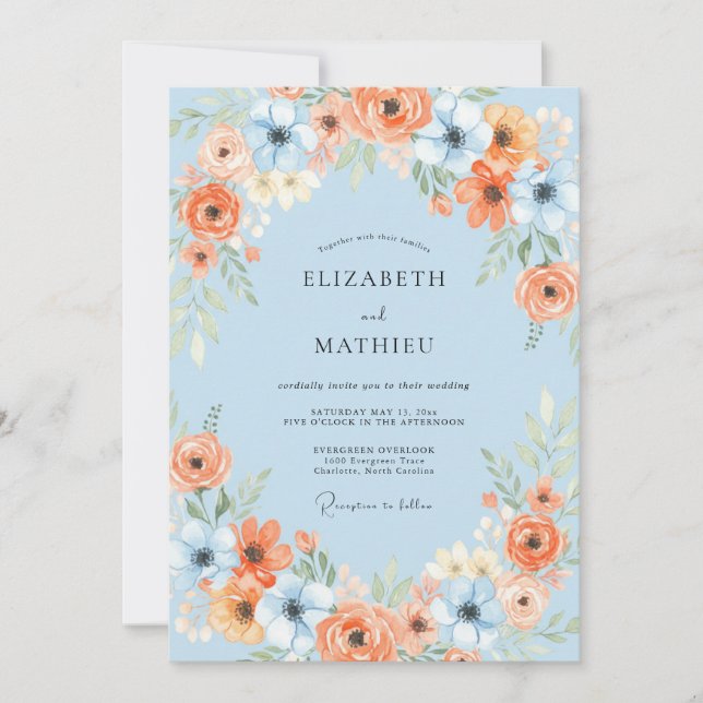 Wildflower Azure Orange Petal Wedding Invitation (Front)