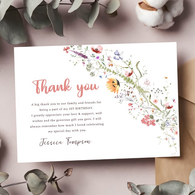 Wildflower Baby Girl 1st Birthday Party Thank You Card (Creator Uploaded)