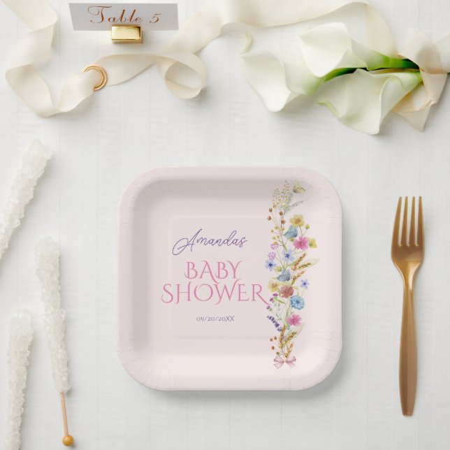 Wildflower baby girl shower pink paper plate (Wedding)