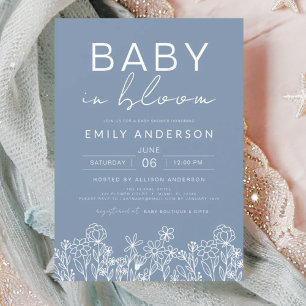 Wildflower Baby in Bloom Baby Shower Dusty Blue Invitation