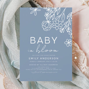 Wildflower Baby in Bloom Baby Shower Dusty Blue Invitation