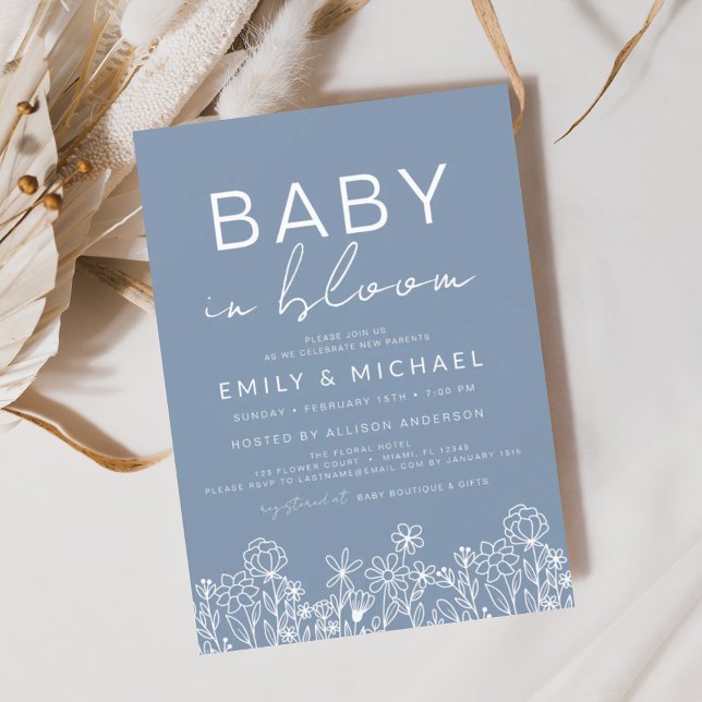 Wildflower Baby in Bloom Baby Shower Dusty Blue Invitation (Creator Uploaded)