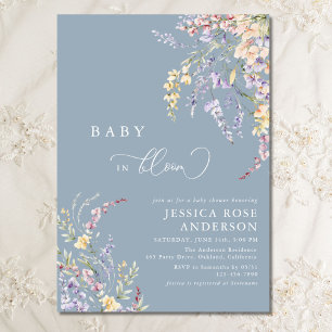 Wildflower Baby In Bloom Dusty Blue Baby Shower  Invitation