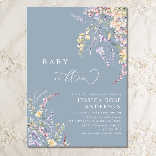 Wildflower Baby In Bloom Dusty Blue Baby Shower  Invitation (Creator Uploaded)