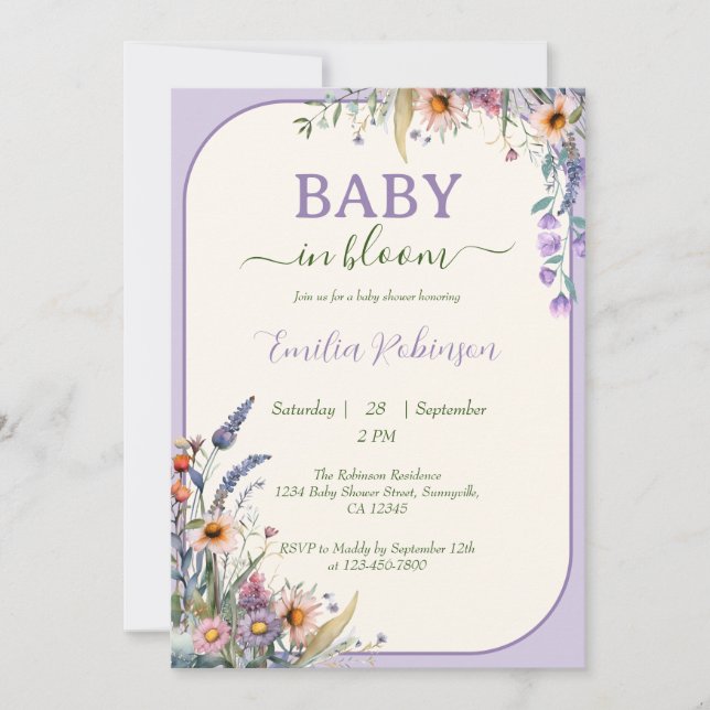 Wildflower Baby In Bloom Dusty Violet Baby Shower Invitation (Front)