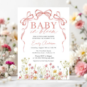 Wildflower Baby in Bloom Pink Bow Girl Shower Invitation