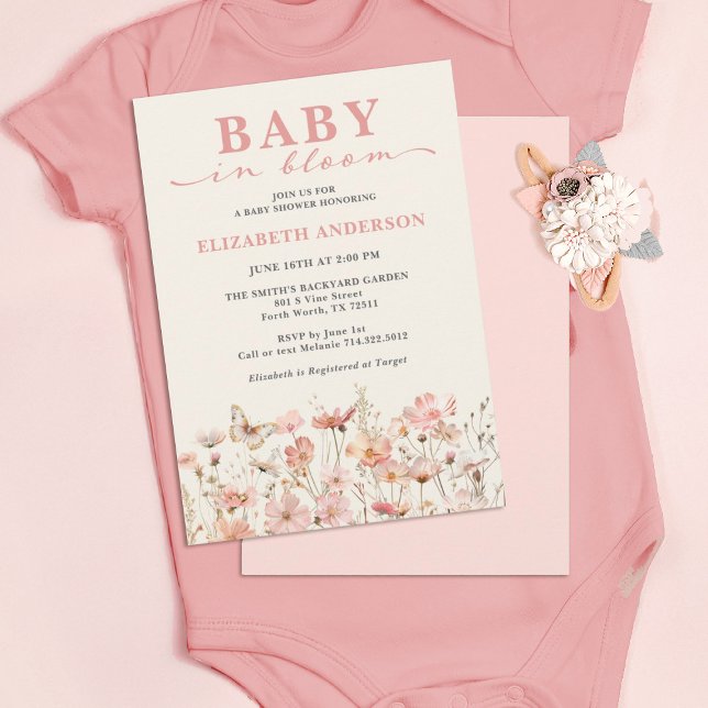 Wildflower Baby in Bloom Pink Invitation (A cute baby in bloom floral girl baby shower invitation.)