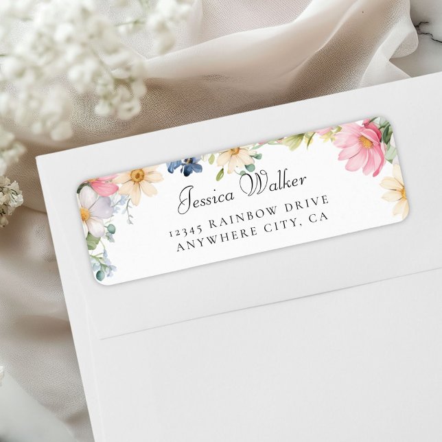 Wildflower Baby Shower Address (Personalized Wildflower Baby Shower Address Label, White +Pastel.)
