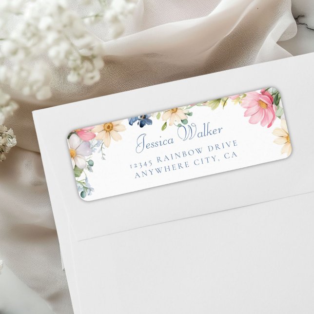 Wildflower Baby Shower Address (Personalized Wildflower Baby Shower Address Label, White +Pastel.)