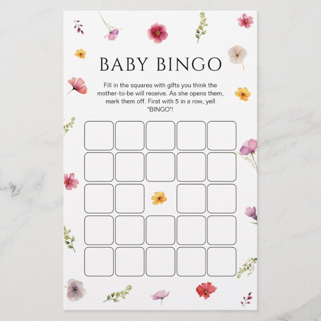 Wildflower Baby Shower  Bingo Game (Front)
