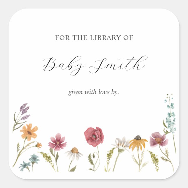 Wildflower Baby Shower Bookplate Square Sticker (Front)