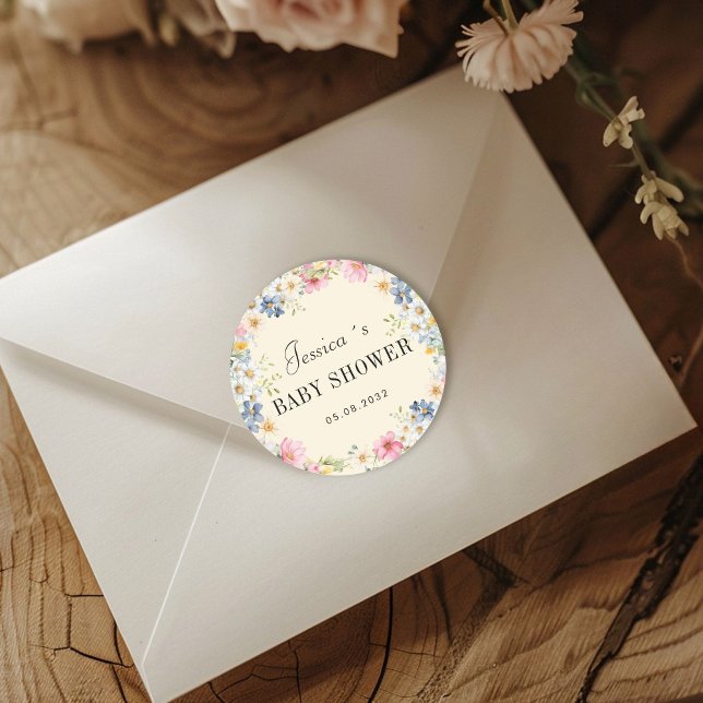 Wildflower Baby Shower Classic Round Sticker (Personalized Wildflower Baby Shower Classic Round Sticker with your name and date.)