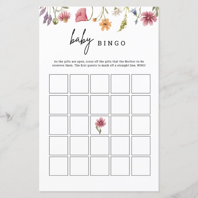 Wildflower Baby Shower Floral Baby Bingo Game Card (Front)