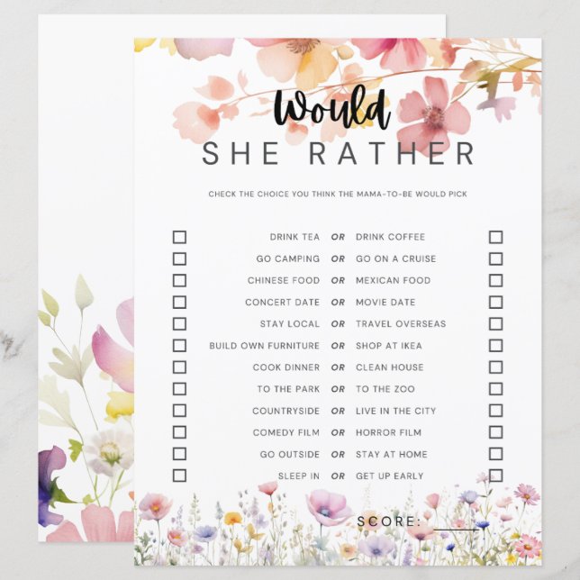 Wildflower baby shower game "Would She Rather" (Front/Back)