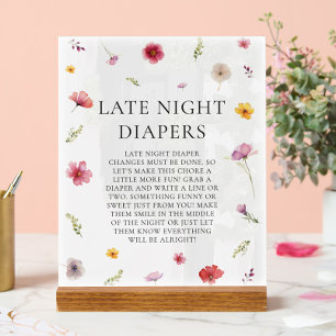 Wildflower Baby Shower Late Night Diapers Game Acrylic Sign