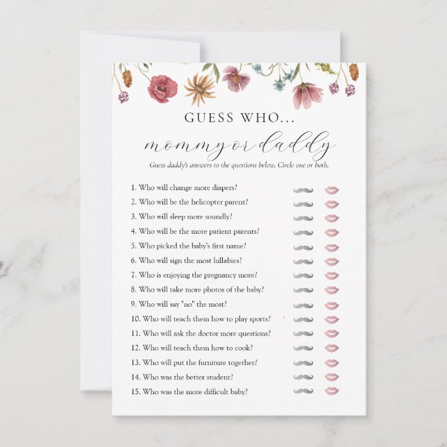 Wildflower Baby Shower Mummy or Daddy Game Card (Front)
