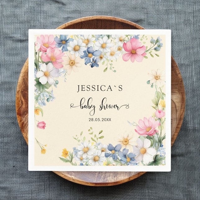 Wildflower, Baby Shower Napkin (Customer-specific, cute, wildflower baby shower napkin with your name & date. For girl, boy.)
