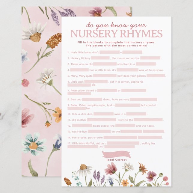 Wildflower Baby Shower Nursery Rhyme Game (Front/Back)