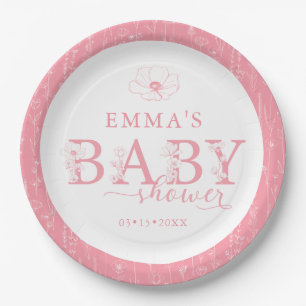Wildflower Baby Shower   Pink Floral Pattern Paper Plate