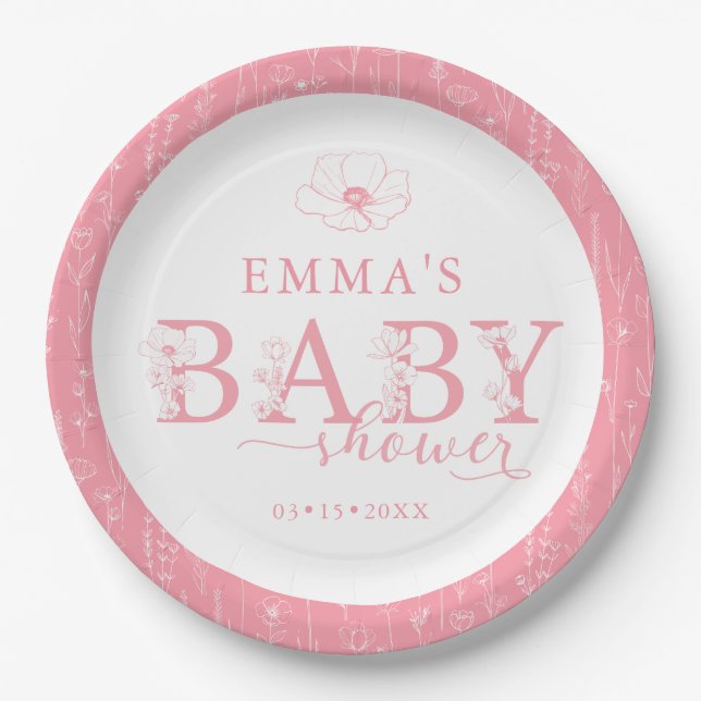 Wildflower Baby Shower | Pink Floral Pattern Paper Plate (Front)