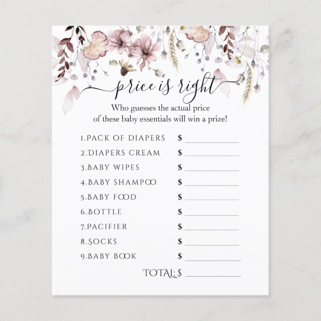 Wildflower Baby Shower price is right game (Front)