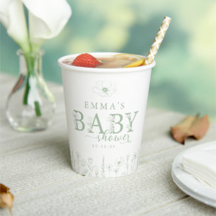 Wildflower Baby Shower   Sage Green Floral  Paper Cups