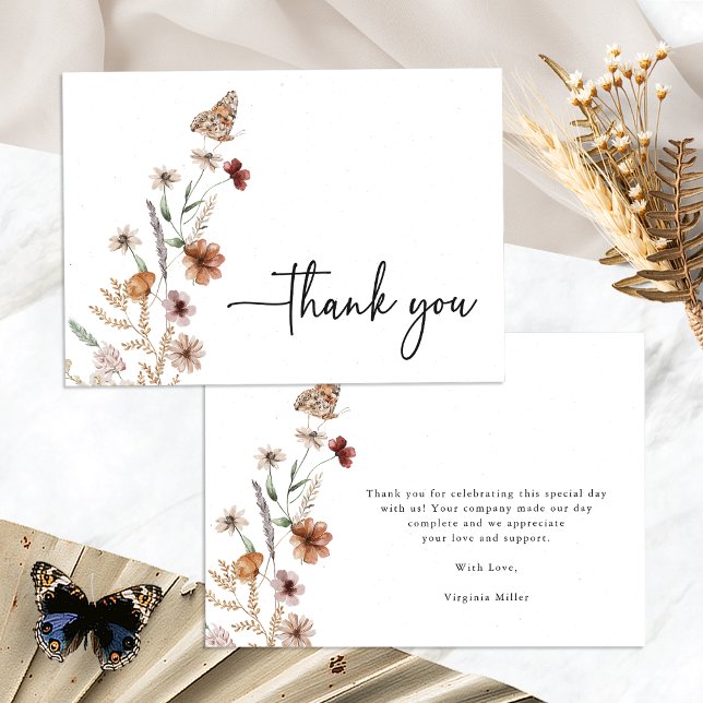 Wildflower Baby Shower Thank You Card (White Boho Wildflower Wedding Thank You Card with Butterfly by Painted Paperie
)