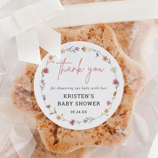 Wildflower Baby Shower Thank You Favours Classic Round Sticker (Creator Uploaded)