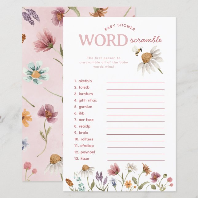 Wildflower Baby Shower Word Scramble Game (Front/Back)