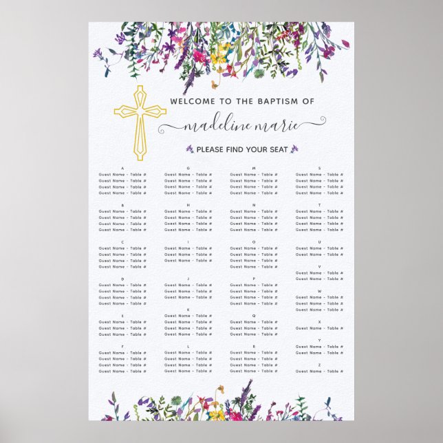 Wildflower Baptism Alphabetical Seating Chart (Front)