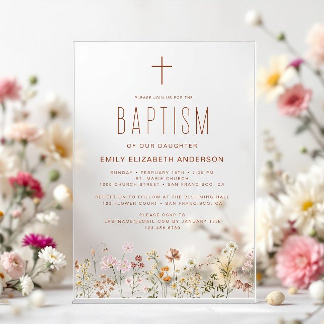 Wildflower Baptism Garden In Bloom Terracotta Acrylic Invitations (Creator Uploaded)