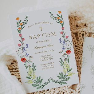 Wildflower Baptism Invitation   Elegant Cross