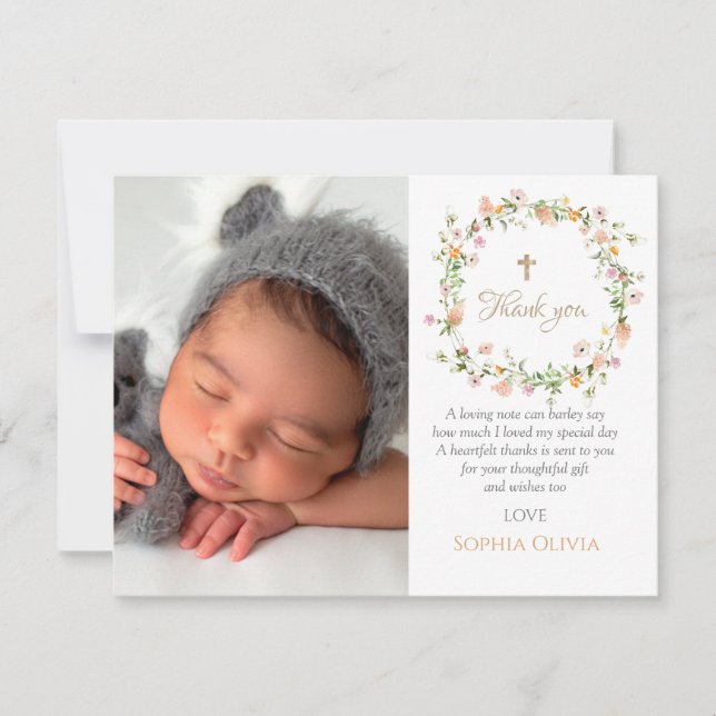  Wildflower Baptism Pink Girl Thank you Card (Front)