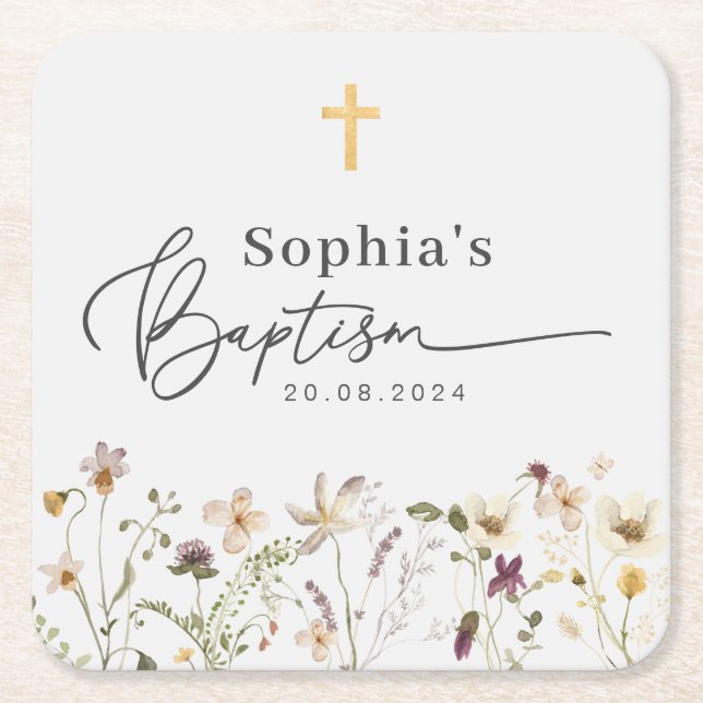 Wildflower Baptism Square Paper Coaster (Front)