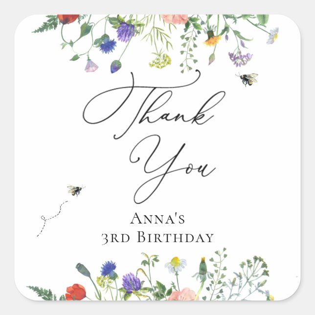 Wildflower Bee Birthday  Square Sticker (Front)