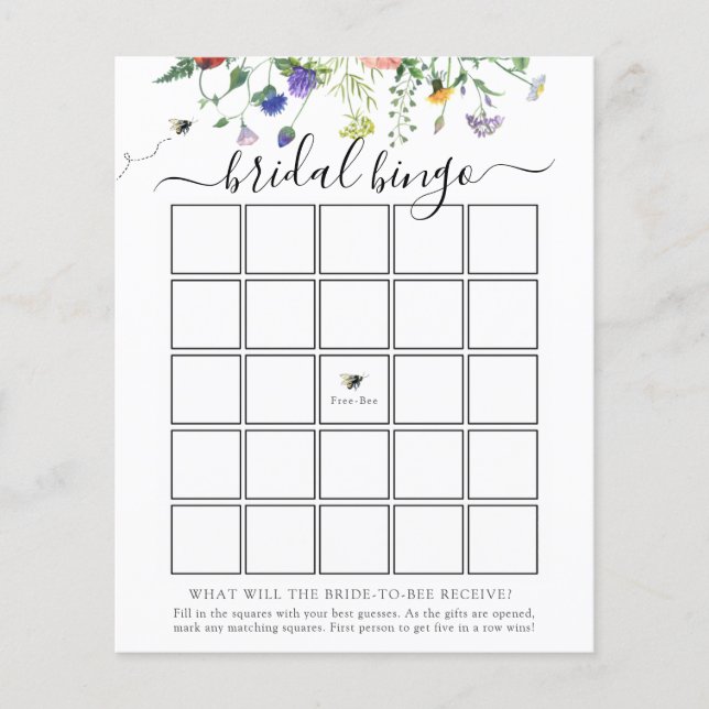 Wildflower Bee Bridal Bingo Game Card (Front)