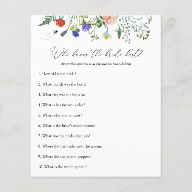 Wildflower Bee Bridal Shower Game Who Knows Bride (Front)