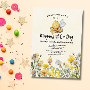 Wildflower Bee One 1st First Bee Day Birthday Invitation