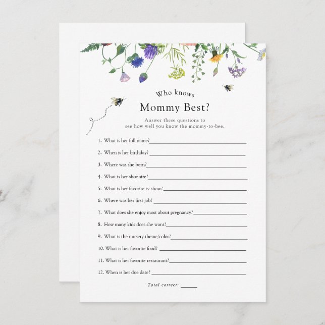 Wildflower Bee Who Knows Mummy Best Shower Game Invitation (Front/Back)
