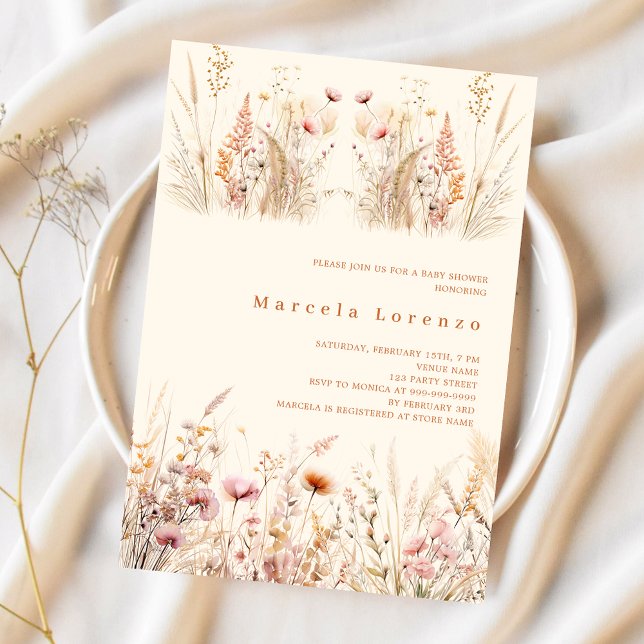 Wildflower beige cream pink boho Baby Shower Invitation (Creator Uploaded)