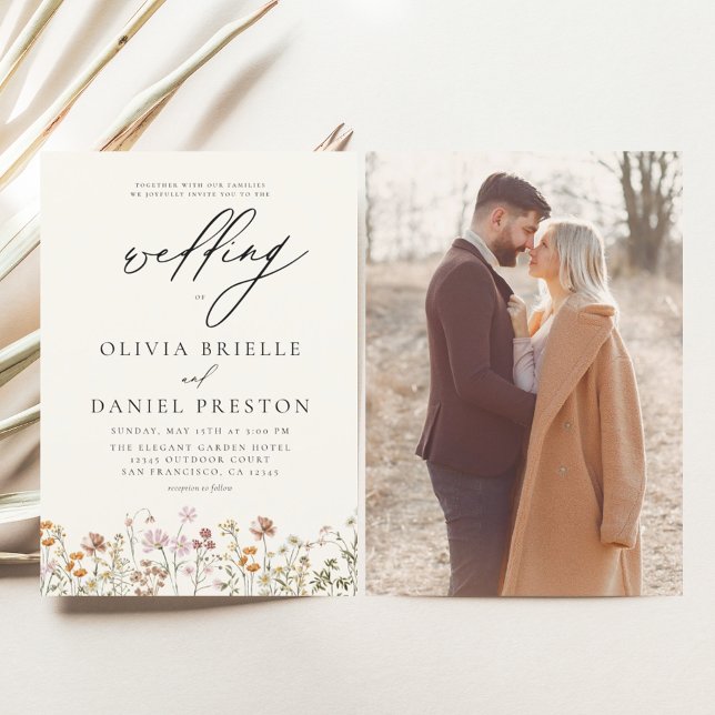 Wildflower Beige Photo Boho Wedding Invitation (Creator Uploaded)