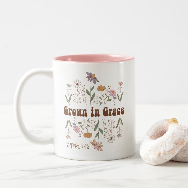 Wildflower Bible Verse Grown in Grace Two-Tone Coffee Mug (With Donut)