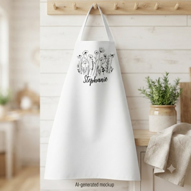 Wildflower Birthday Botanical Cottagecore Apron (Delicate black wildflower sketch with the name Stephanie, perfect for a cottagecore birthday gift.)